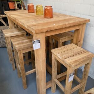 Set bartafel + 6 krukken, teakhout