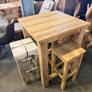 Set bartafel + 4 krukken, teakhout