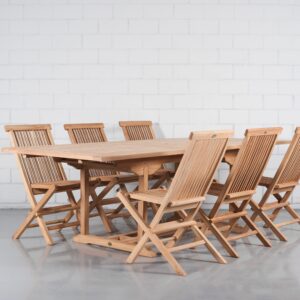 Eettafel uitschuifbaar + 6 stoelen, teakhout
