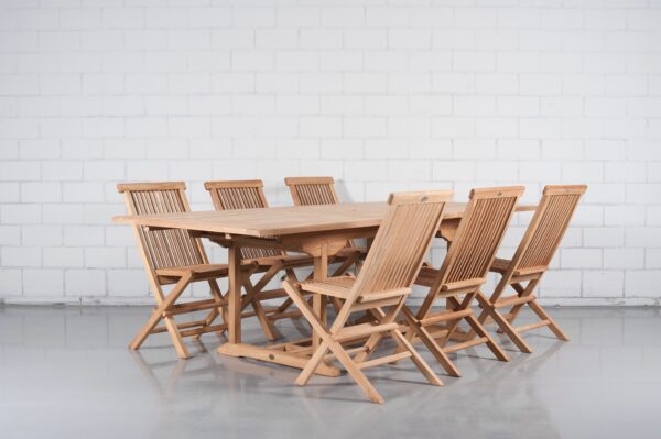 Eettafel uitschuifbaar + 6 stoelen, teakhout
